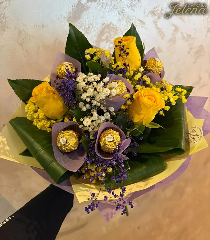 Buket 95 Buket 95 - Buket sa žutim ružima i Ferrero Rocher čokoladica - Buket žutih ruža
